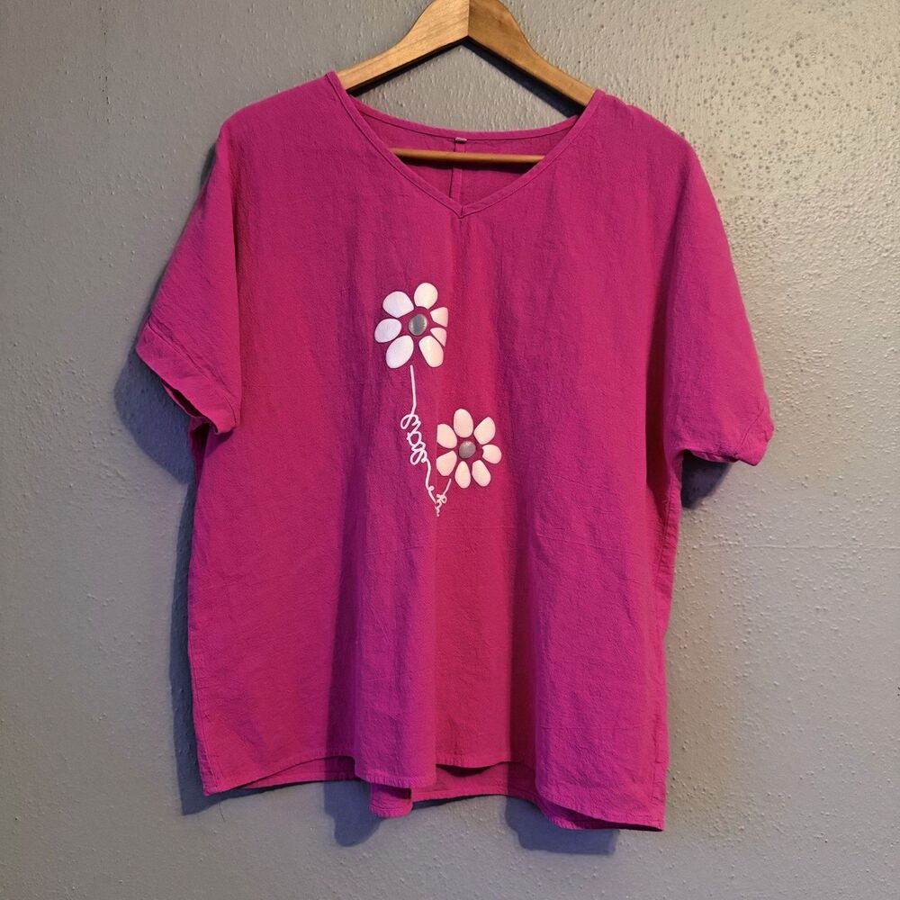 SHEIN TUNIC BLOUSE ladies size 2XL dark pink white floral graphic short sleeve